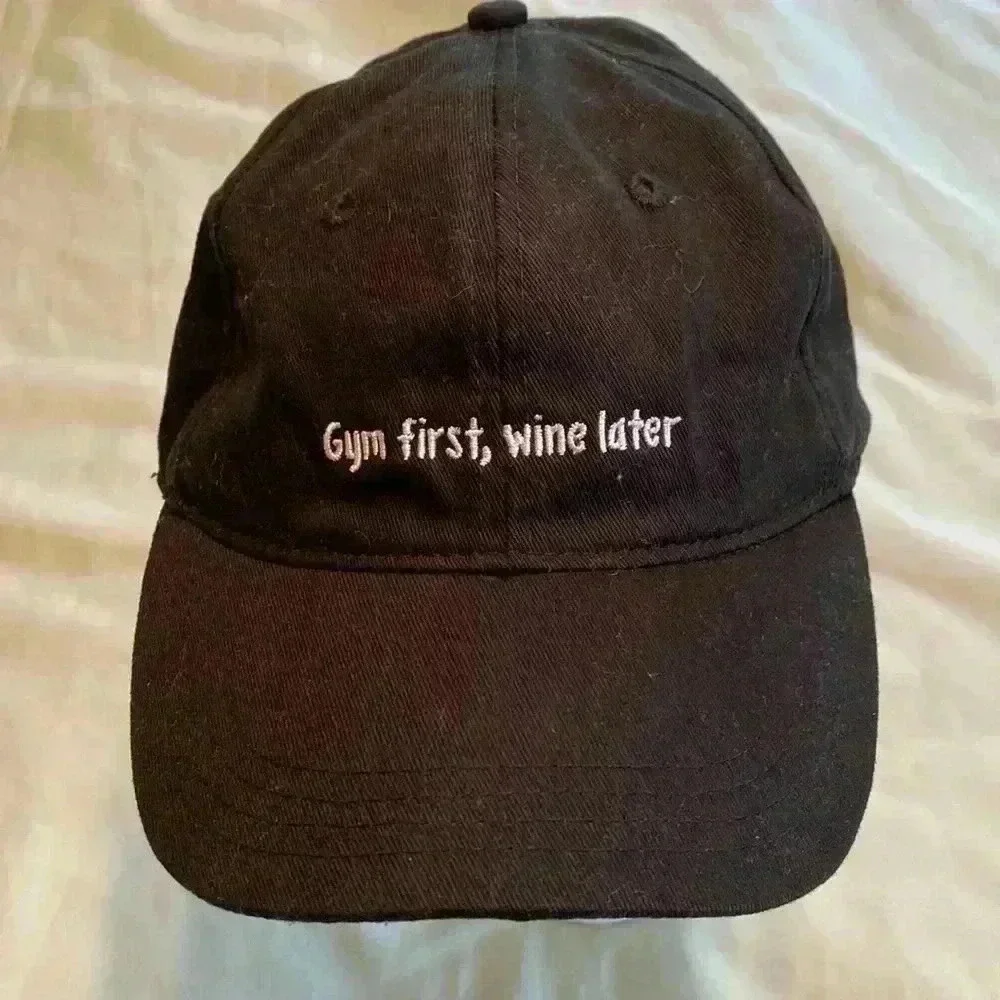 “Gym First, Wine Later” Black Novelty Baseball Hat Cap. One Size Fits Most.